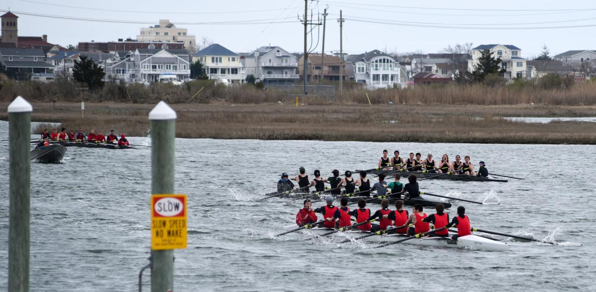 Image captured during the First Annual Back Bay Challenge between Mainland and Ocean City’s Boys Crew held at the Dr. John W. Holland Boathouse and along the mile stretch on Harvard Ave. in Ventnor Saturday, April 15, 2017. Dave Griffin / for the Press