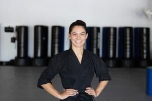Kylie Gene Wright, Miss New Jersey 2026, at her family's karate studio in Egg Harbor Township