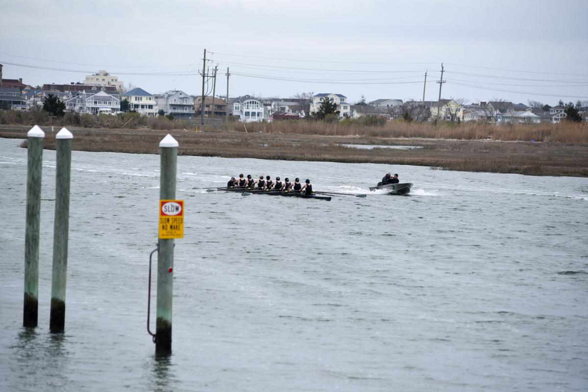 Image captured during the First Annual Back Bay Challenge between Mainland and Ocean City’s Boys Crew held at the Dr. John W. Holland Boathouse and along the mile stretch on Harvard Ave. in Ventnor Saturday, April 15, 2017. Dave Griffin / for the Press