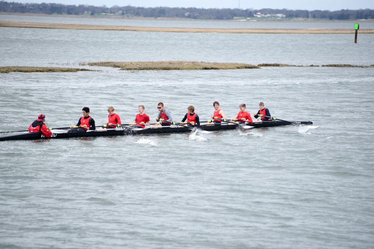 Image captured during the First Annual Back Bay Challenge between Mainland and Ocean City’s Boys Crew held at the Dr. John W. Holland Boathouse and along the mile stretch on Harvard Ave. in Ventnor Saturday, April 15, 2017. Dave Griffin / for the Press