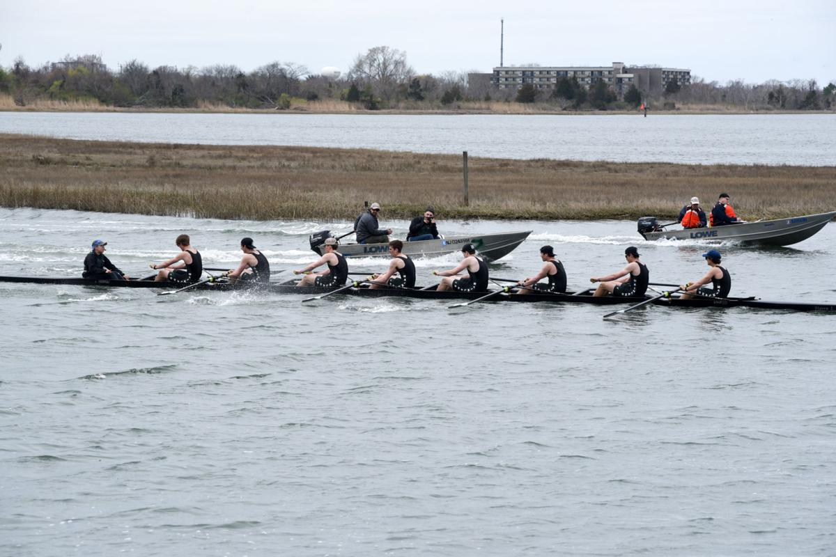 Image captured during the First Annual Back Bay Challenge between Mainland and Ocean City’s Boys Crew held at the Dr. John W. Holland Boathouse and along the mile stretch on Harvard Ave. in Ventnor Saturday, April 15, 2017. Dave Griffin / for the Press