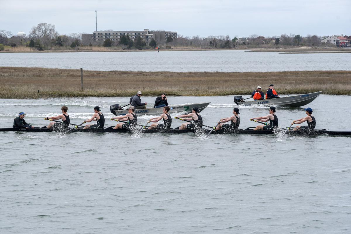 Mainland and Ocean City’s Varsity 8 crew battle it out to a photo finish during the First Annual Back Bay Challenge held at the Dr. John W. Holland Boathouse and along the mile stretch on Harvard Ave. in Ventnor. Dave Griffin / for the Press
