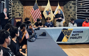 N.J. State Police Superintendent Jeanne Hengemuhle speaking with Atlantic City and Pleasantville students at State Police Headquarters