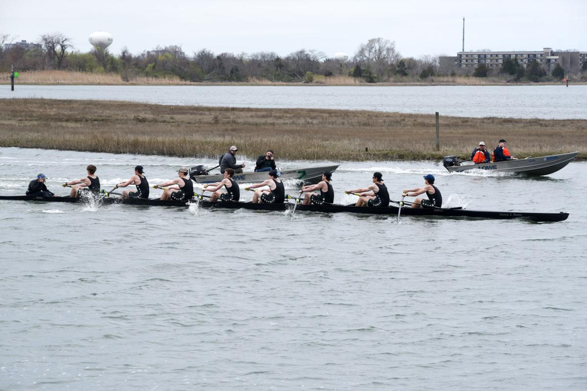 Image captured during the First Annual Back Bay Challenge between Mainland and Ocean City’s Boys Crew held at the Dr. John W. Holland Boathouse and along the mile stretch on Harvard Ave. in Ventnor Saturday, April 15, 2017. Dave Griffin / for the Press