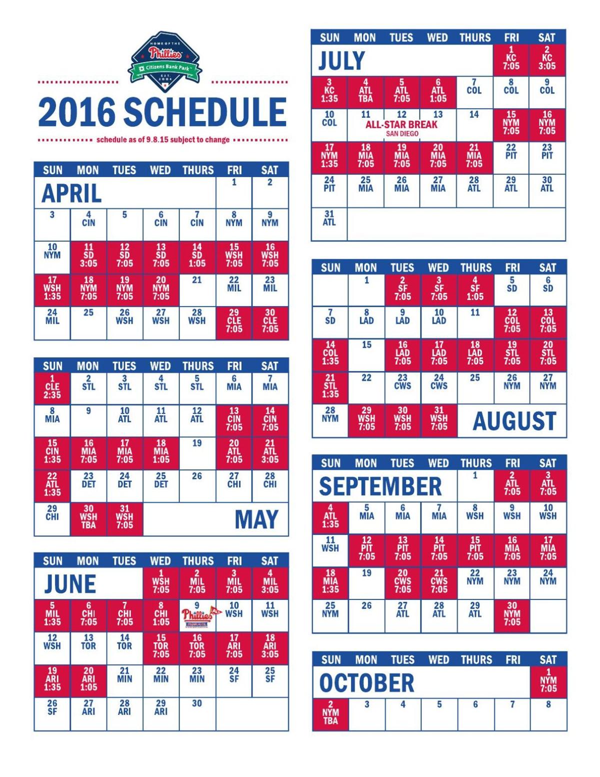 Phillies Printable Schedule
