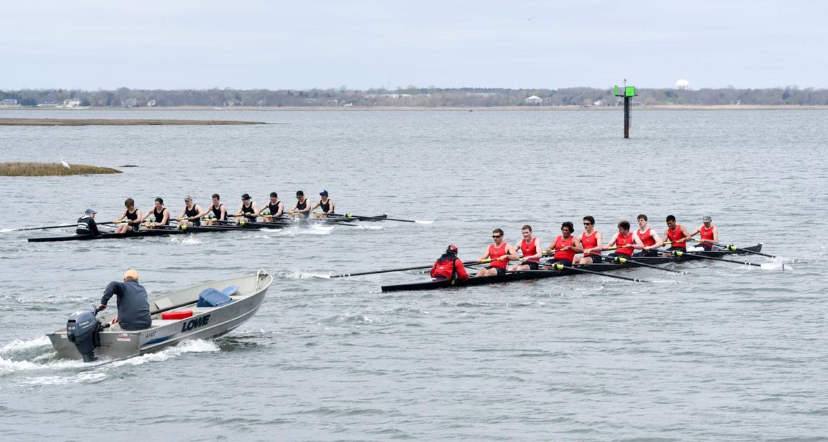 Mainland and Ocean City’s Varsity 8 crew battle it out to a photo finish during the First Annual Back Bay Challenge held at the Dr. John W. Holland Boathouse and along the mile stretch on Harvard Ave. in Ventnor. Dave Griffin / for the Press