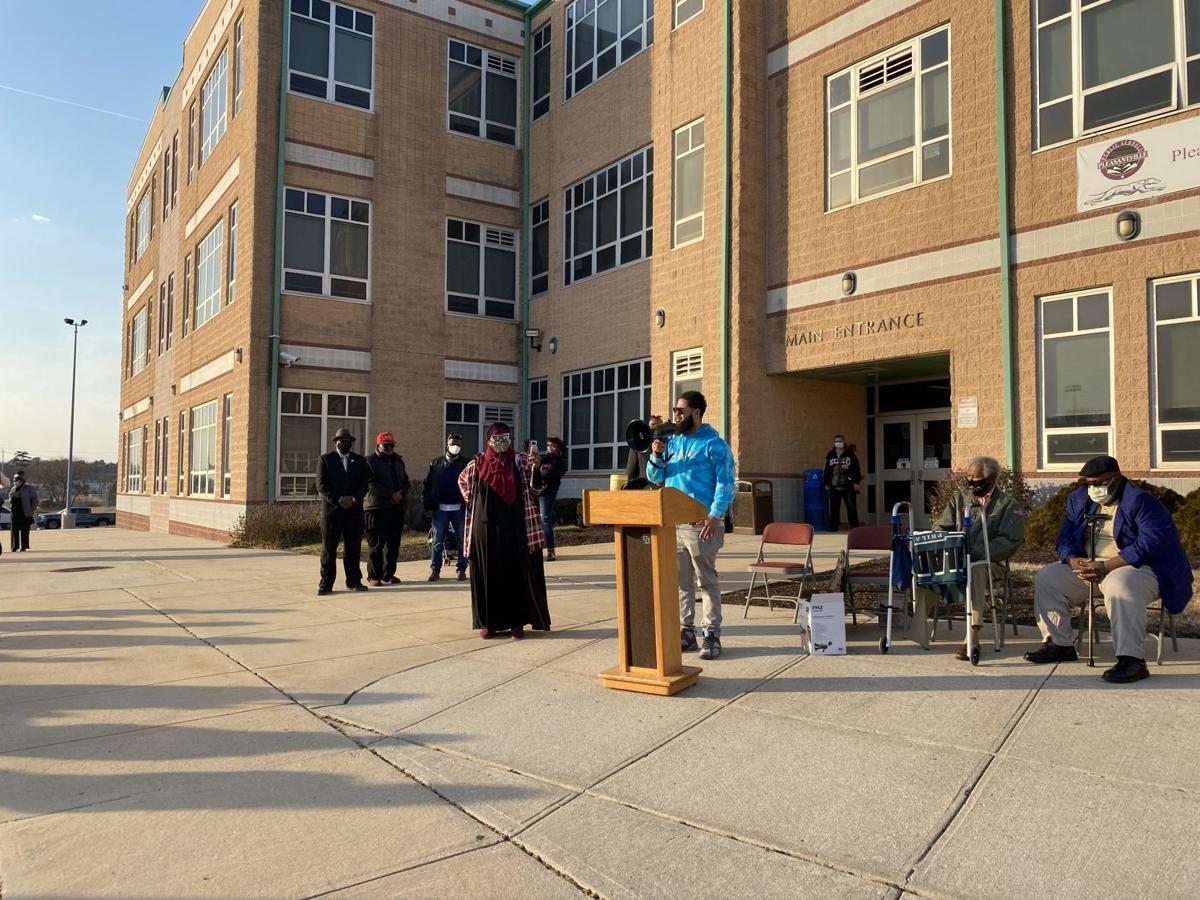 Pleasantville school and city officials gather in front of the middle school Tuesday, March 9, 2021 to request that the state remove fiscal monitor Constance Bauer.