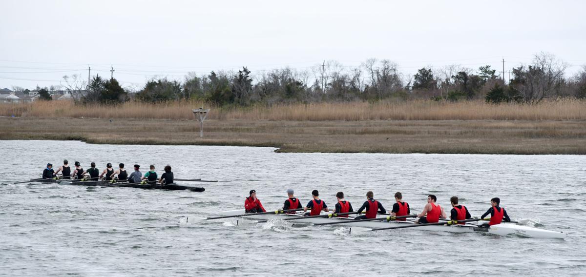 Image captured during the First Annual Back Bay Challenge between Mainland and Ocean City’s Boys Crew held at the Dr. John W. Holland Boathouse and along the mile stretch on Harvard Ave. in Ventnor Saturday, April 15, 2017. Dave Griffin / for the Press