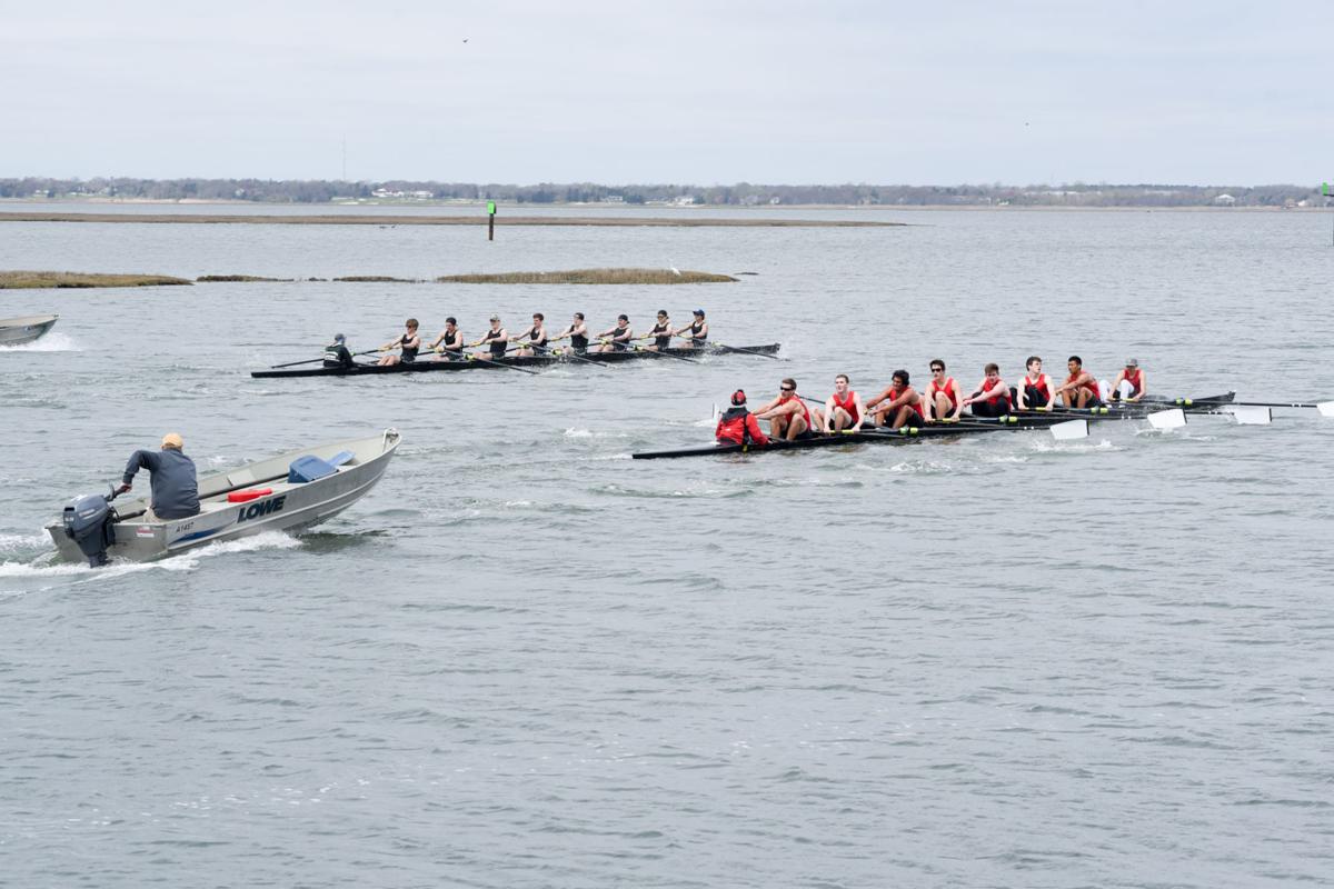 Mainland and Ocean City’s Varsity 8 crew battle it out to a photo finish during the First Annual Back Bay Challenge held at the Dr. John W. Holland Boathouse and along the mile stretch on Harvard Ave. in Ventnor. Dave Griffin / for the Press