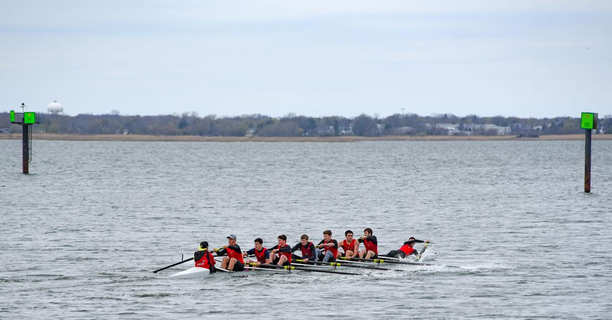 Image captured during the First Annual Back Bay Challenge between Mainland and Ocean City’s Boys Crew held at the Dr. John W. Holland Boathouse and along the mile stretch on Harvard Ave. in Ventnor Saturday, April 15, 2017. Dave Griffin / for the Press