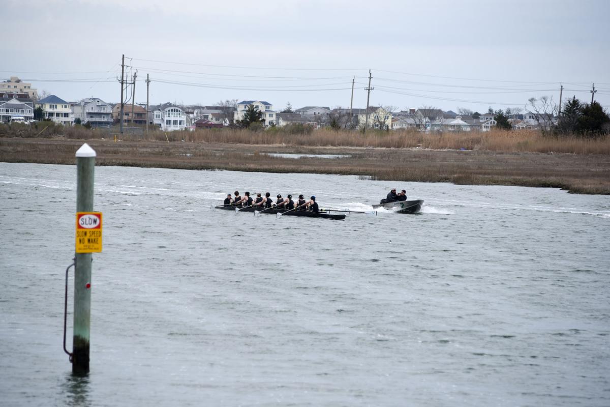 Image captured during the First Annual Back Bay Challenge between Mainland and Ocean City’s Boys Crew held at the Dr. John W. Holland Boathouse and along the mile stretch on Harvard Ave. in Ventnor Saturday, April 15, 2017. Dave Griffin / for the Press