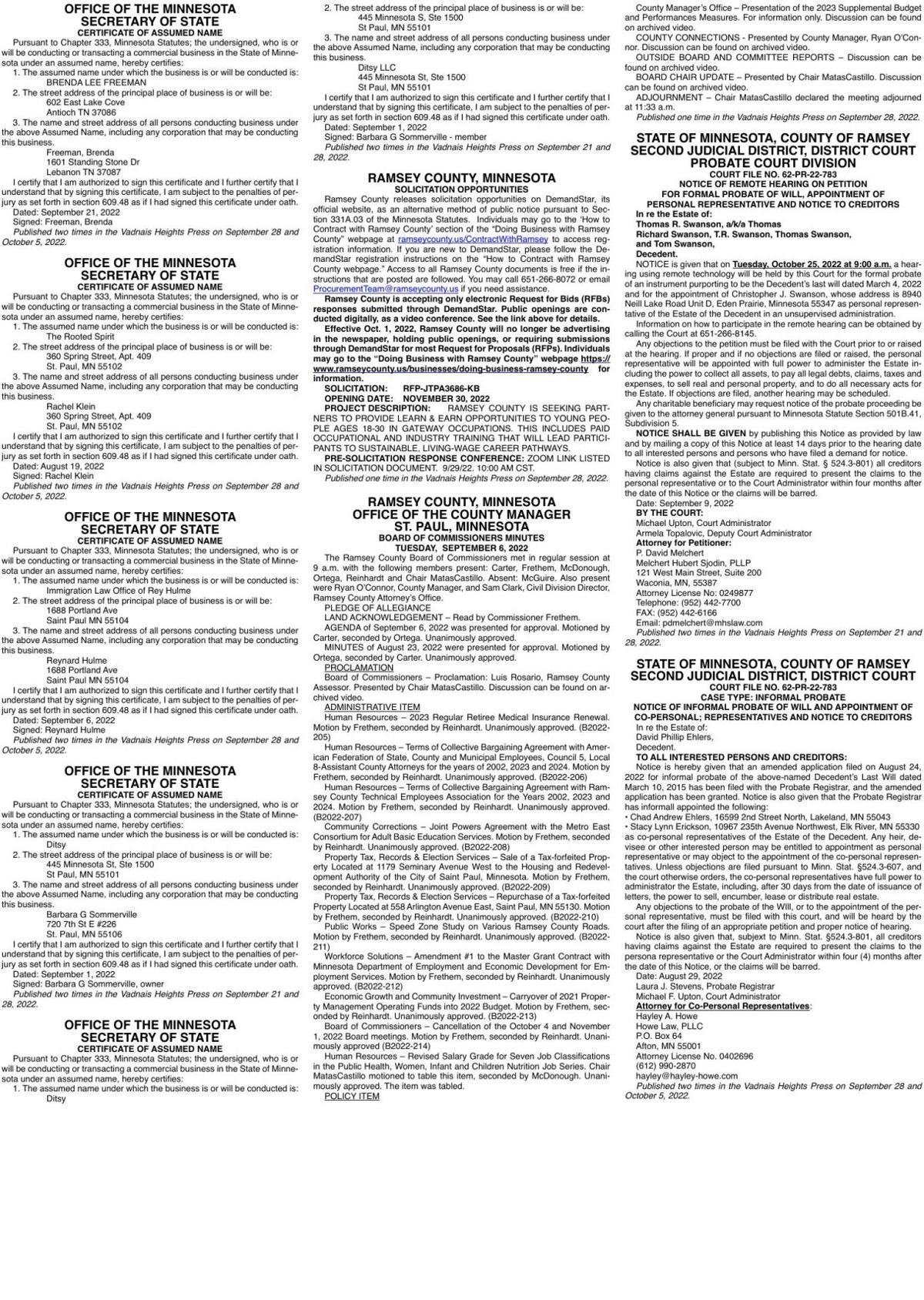 Legals VH 9-28-22 | Legal Notices | presspubs.com
