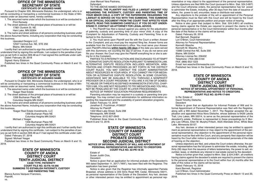 Legals Q 3-13-18 | Legal Notices | presspubs.com