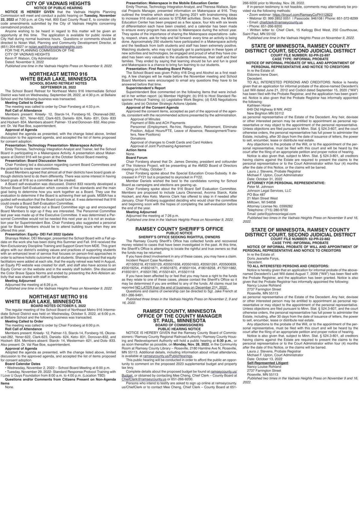 Legals VH 11-9-22 | Legal Notices | presspubs.com