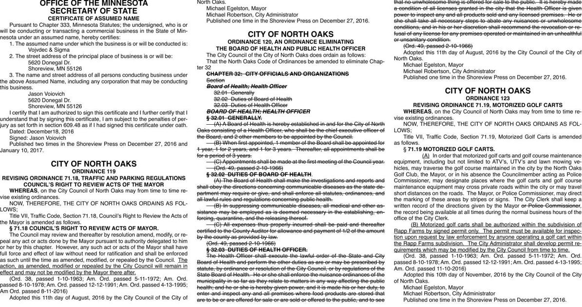 Legals SV 12-27-16 | Legal Notices | presspubs.com