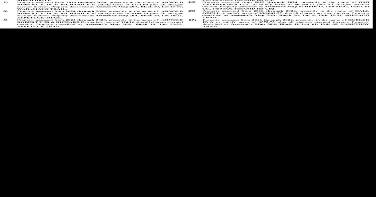 LEGAL NOTICE TOWN OF SOUTHBURY: NOTICE OF SALE OF REAL ESTATE FOR TAXES