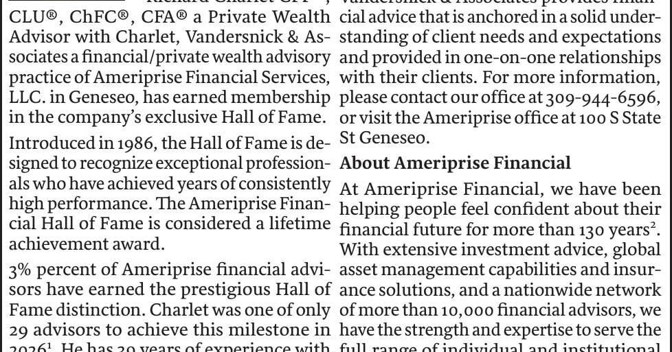 AMERIPRISE FIN SVCS /CHARLET, VANDERSNICK & ASSOC. - Ad from 2026-03-15