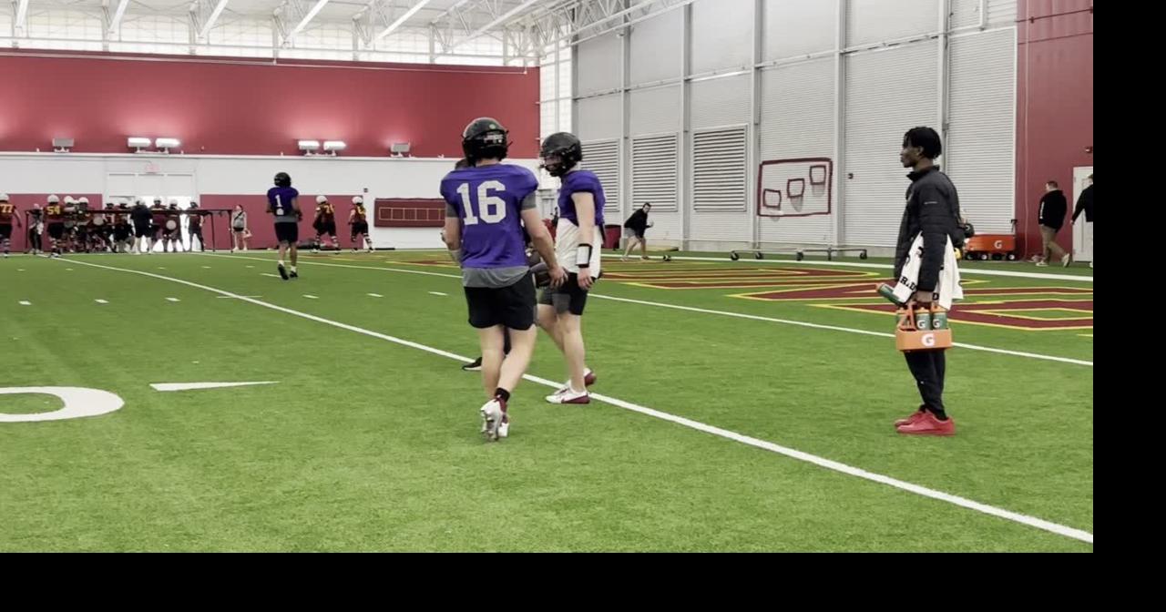 Iowa State quarterbacks Jaylen Raynor (1) and Zane Flores (6) practice ...
