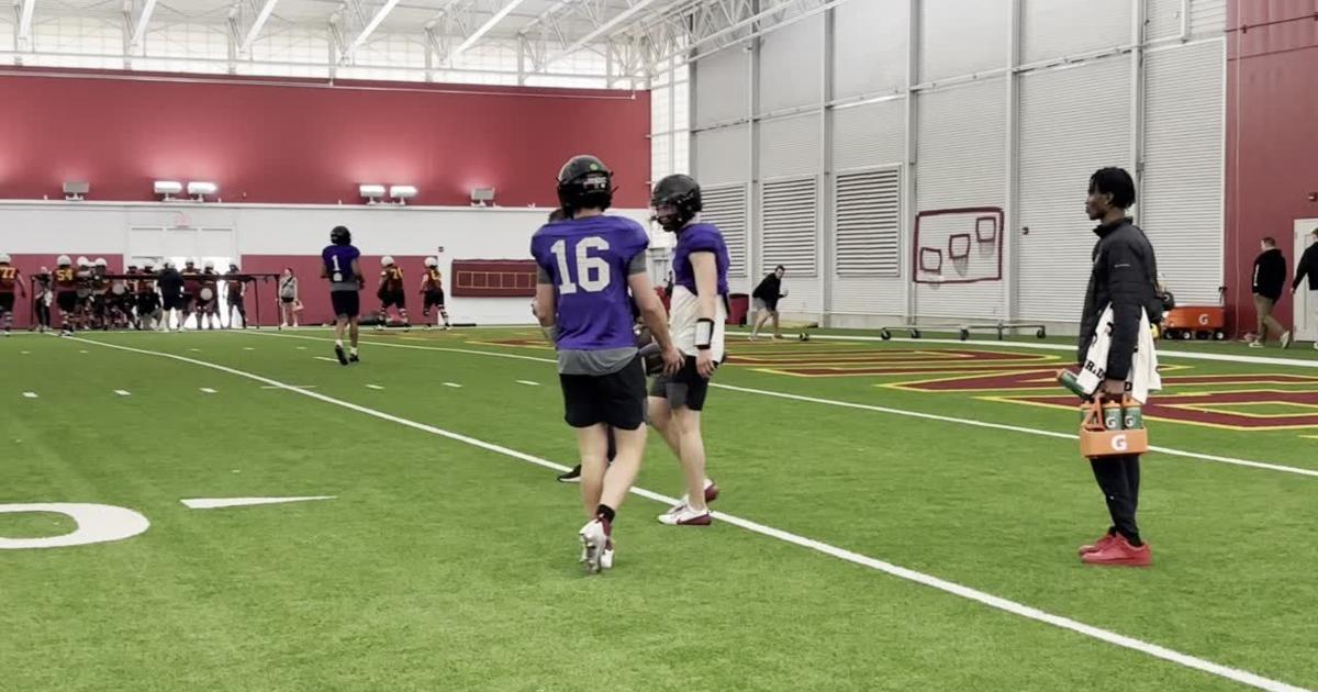 Iowa State quarterbacks Jaylen Raynor (1) and Zane Flores (6) practice ...