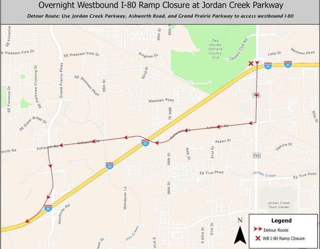 Westbound I-80 on-ramp at southbound Jordan Creek Parkway to close Friday night, Oct. 2, into Saturday morning, Oct. 3
