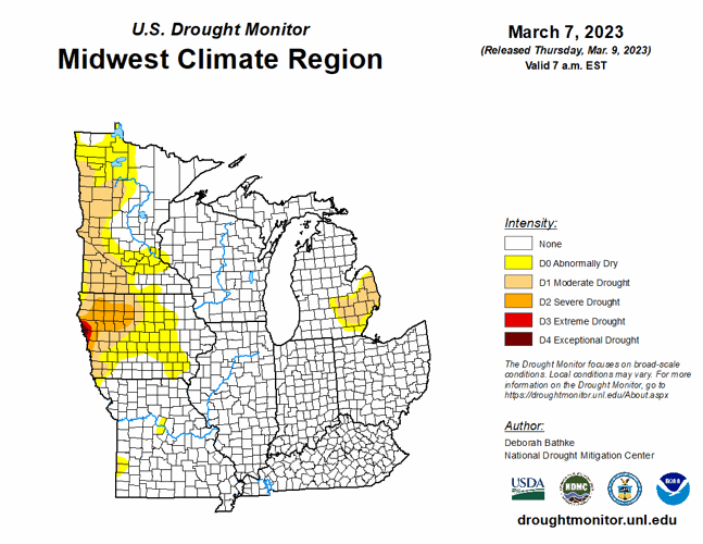 U.S. Drought Monitor for the Midwest, March 7, 2023