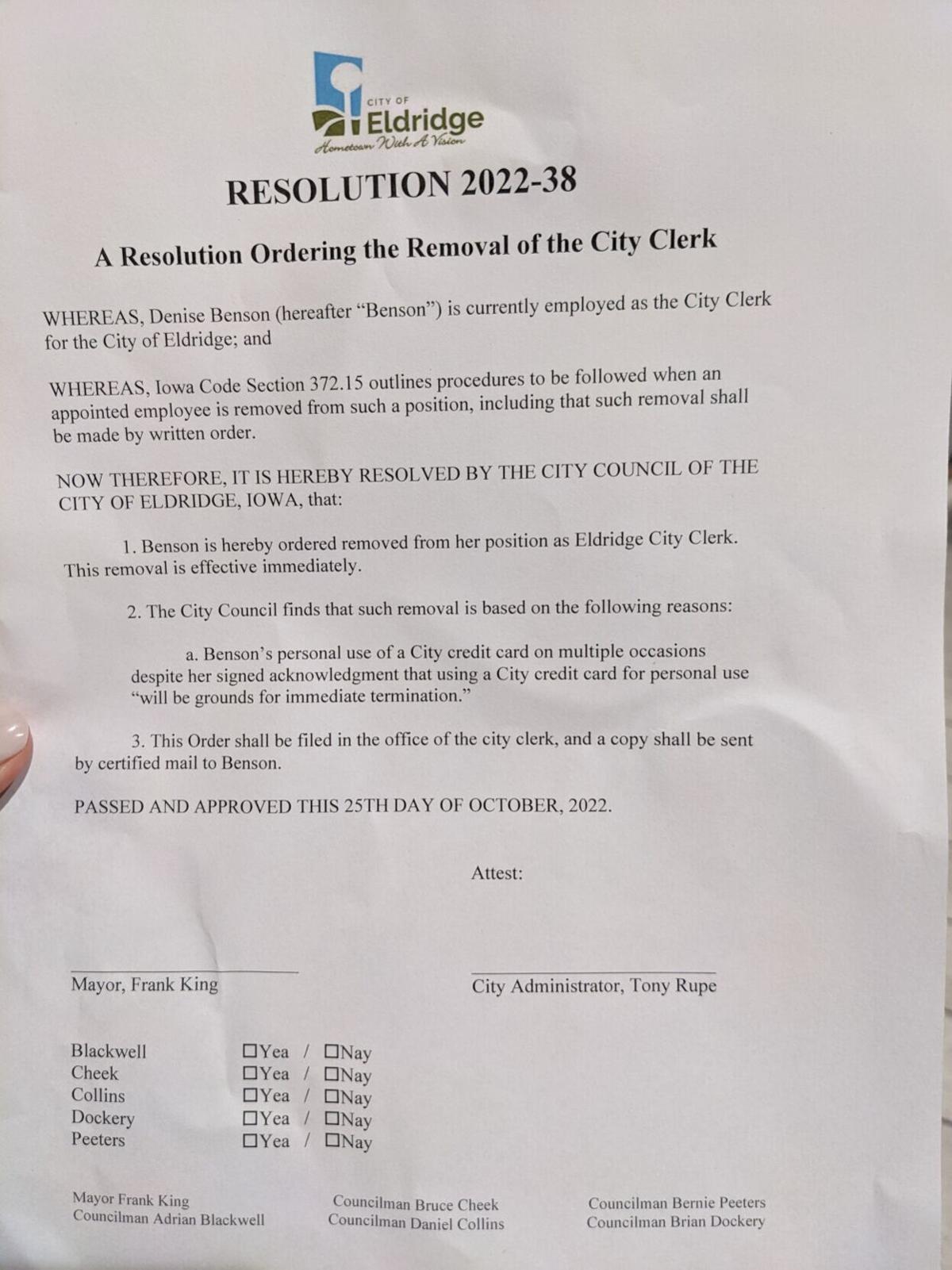 Eldridge fires city clerk, alleging personal use of a city credit card