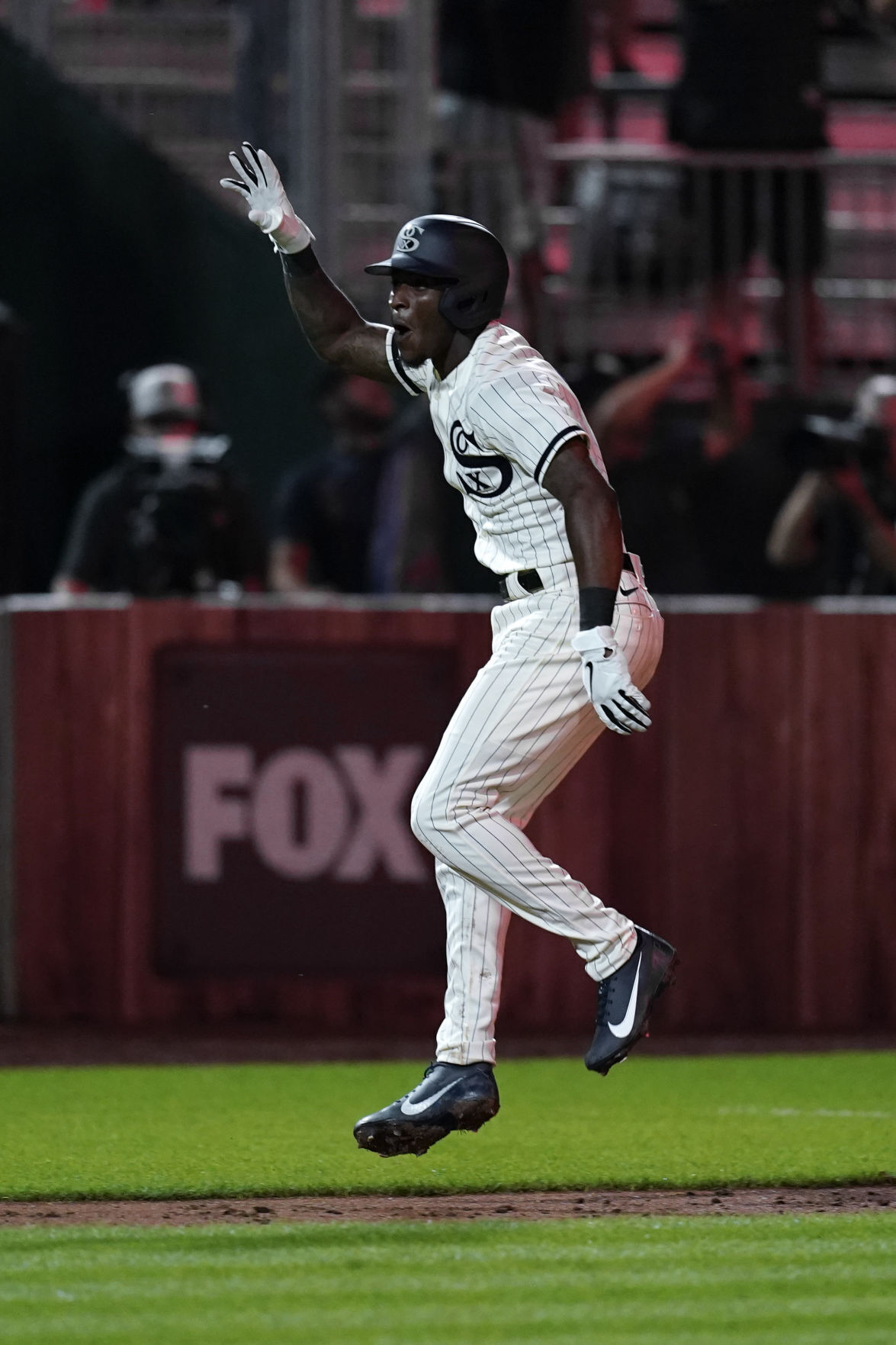 Chicago White Sox's Luis Robert reacts to hitting a double against the New  York Yankees during a baseball game, Thursday, Aug. 12, 2021 in Dyersville,  Iowa. The Yankees and White Sox are