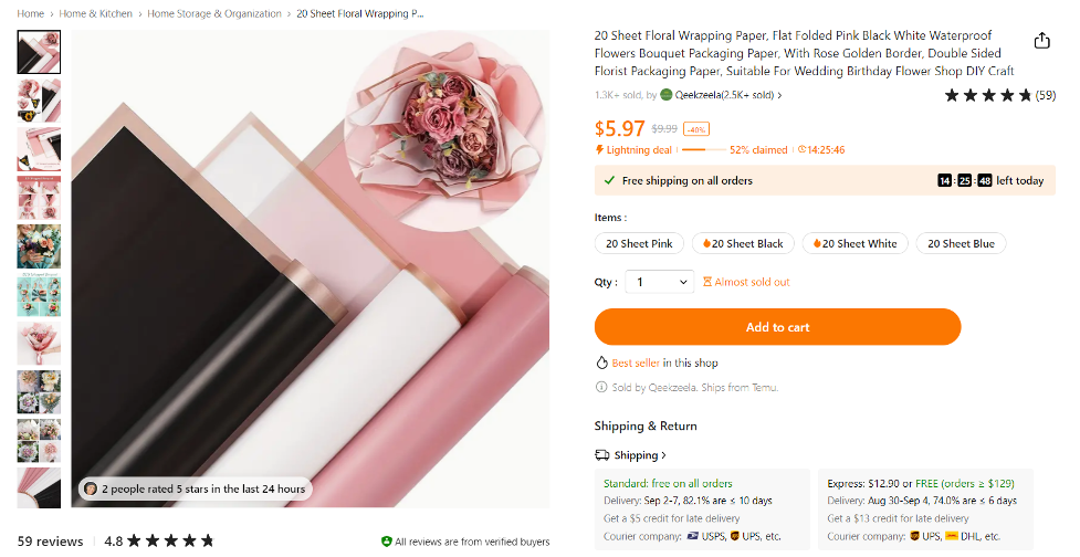 Black Waterproof Floral Wrapping Paper Sheets With Golden - Temu