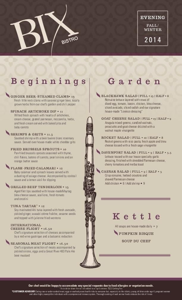 Bix Bistro Dinner Menu