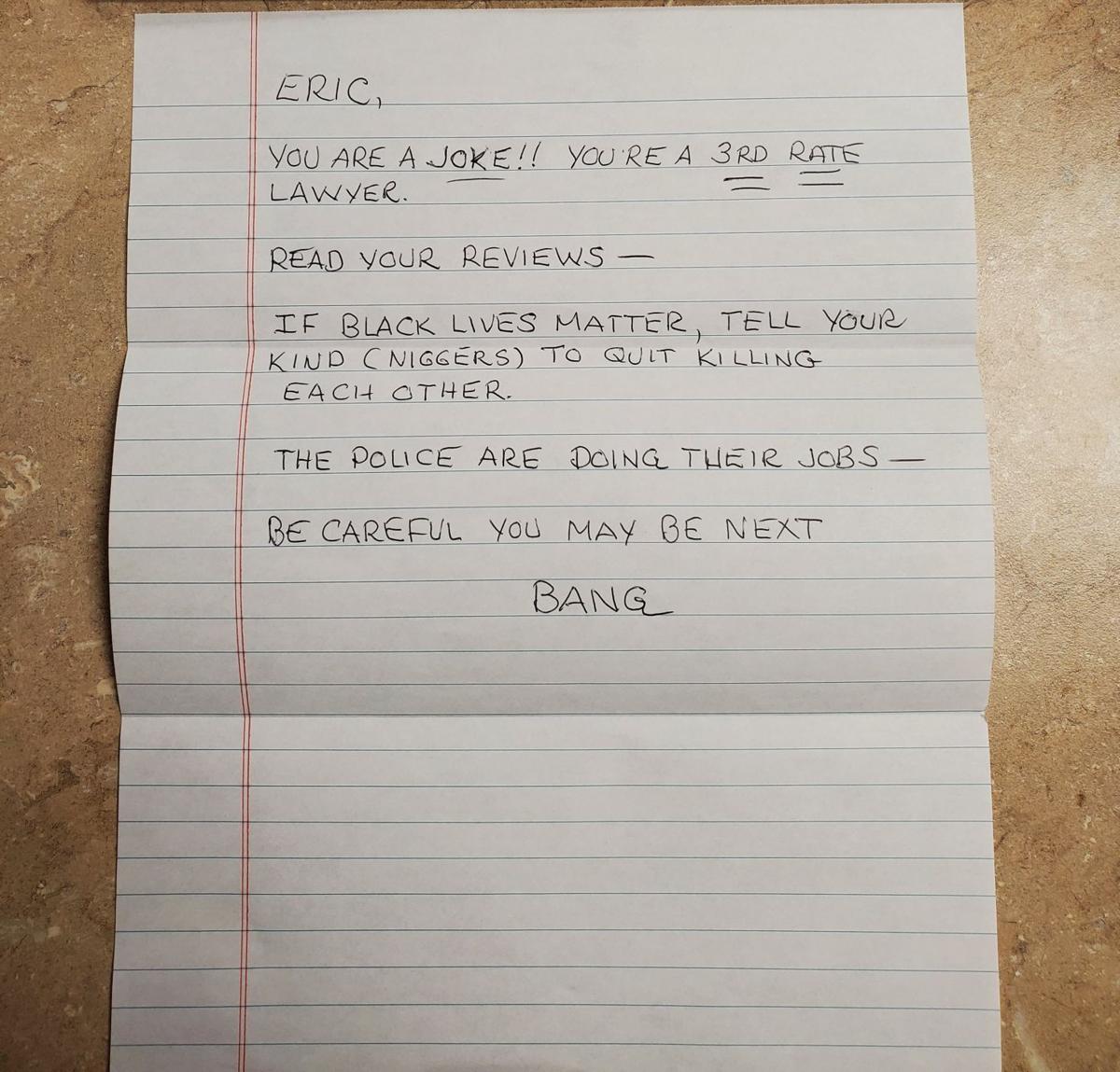 CAUTION: This image contains offensive language -- Threatening letter sent to Davenport attorney Eric Puryear