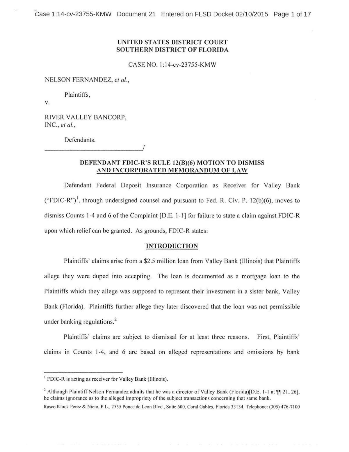 Defendant FDIC motion to dismiss Nelson Fernandez et al plaintiffs