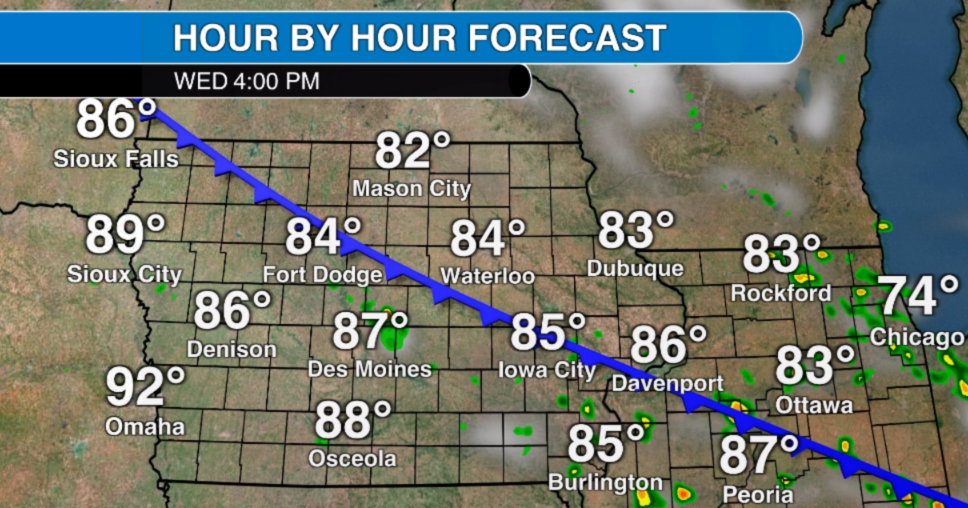 Isolated showers and storms in Iowa Wednesday with a weak cold front