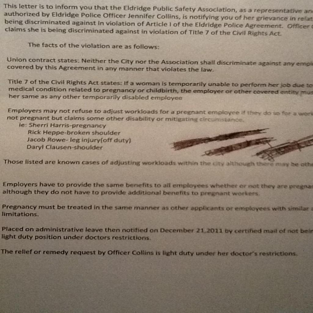 Eldridge Rejects Pregnant Officer S Grievance Local News Qctimes Com