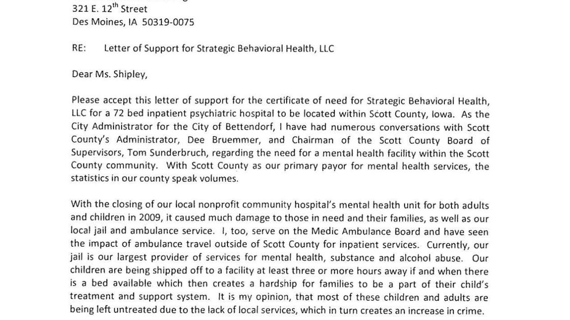Letter of support for Strategic Behavioral Health | | qctimes.com