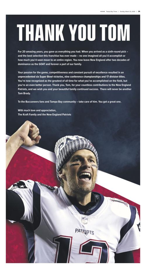 The letter from the Kraft family to Tom Brady in Sunday's Tampa Bay Times.