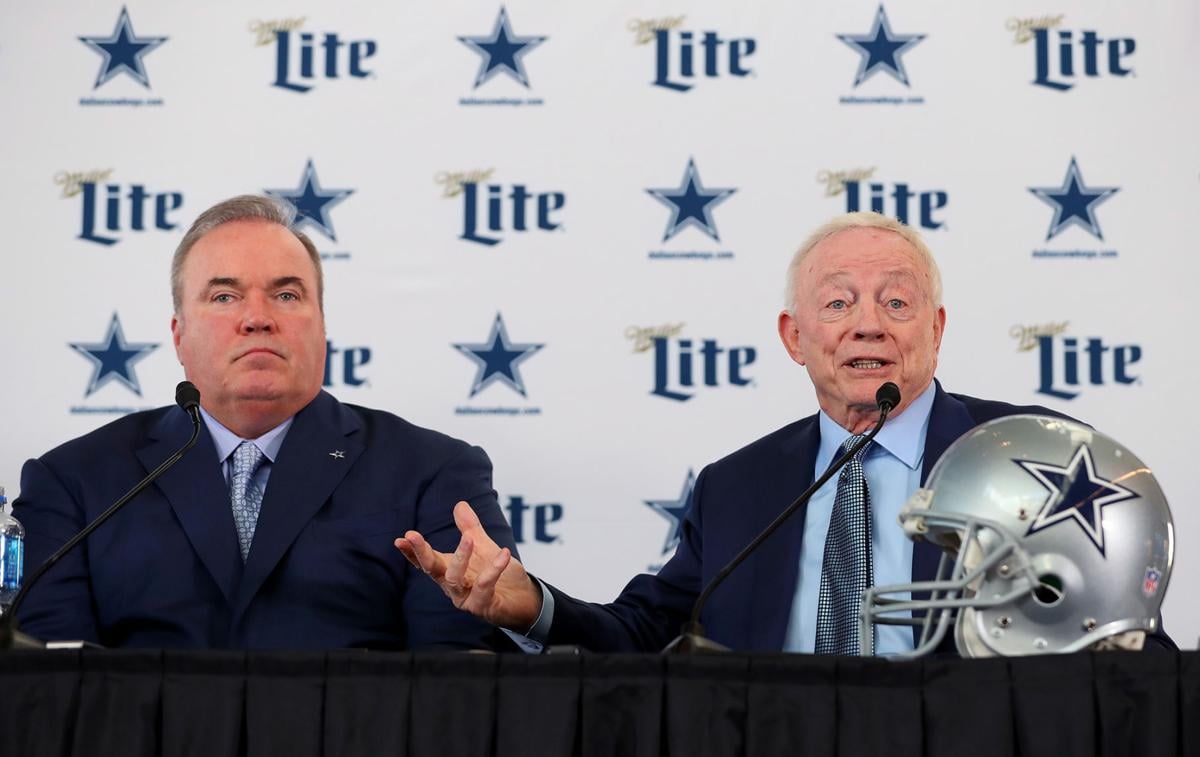 Dallas Cowboys head coach Mike McCarthy, left, and owner Jerry Jones talk with the media during a news conference at the Ford Center at The Star in Frisco, Texas, on Wednesday, Jan. 8, 2020 .