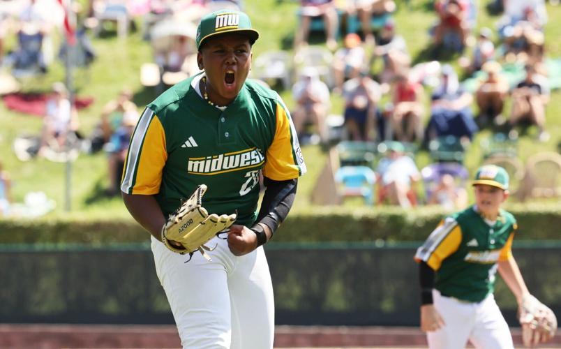 Pitcher Anthony Johnson Jr. of Davenport, Iowa, (Midwest Region) celebrates at the conclusion of their game against Bonita,