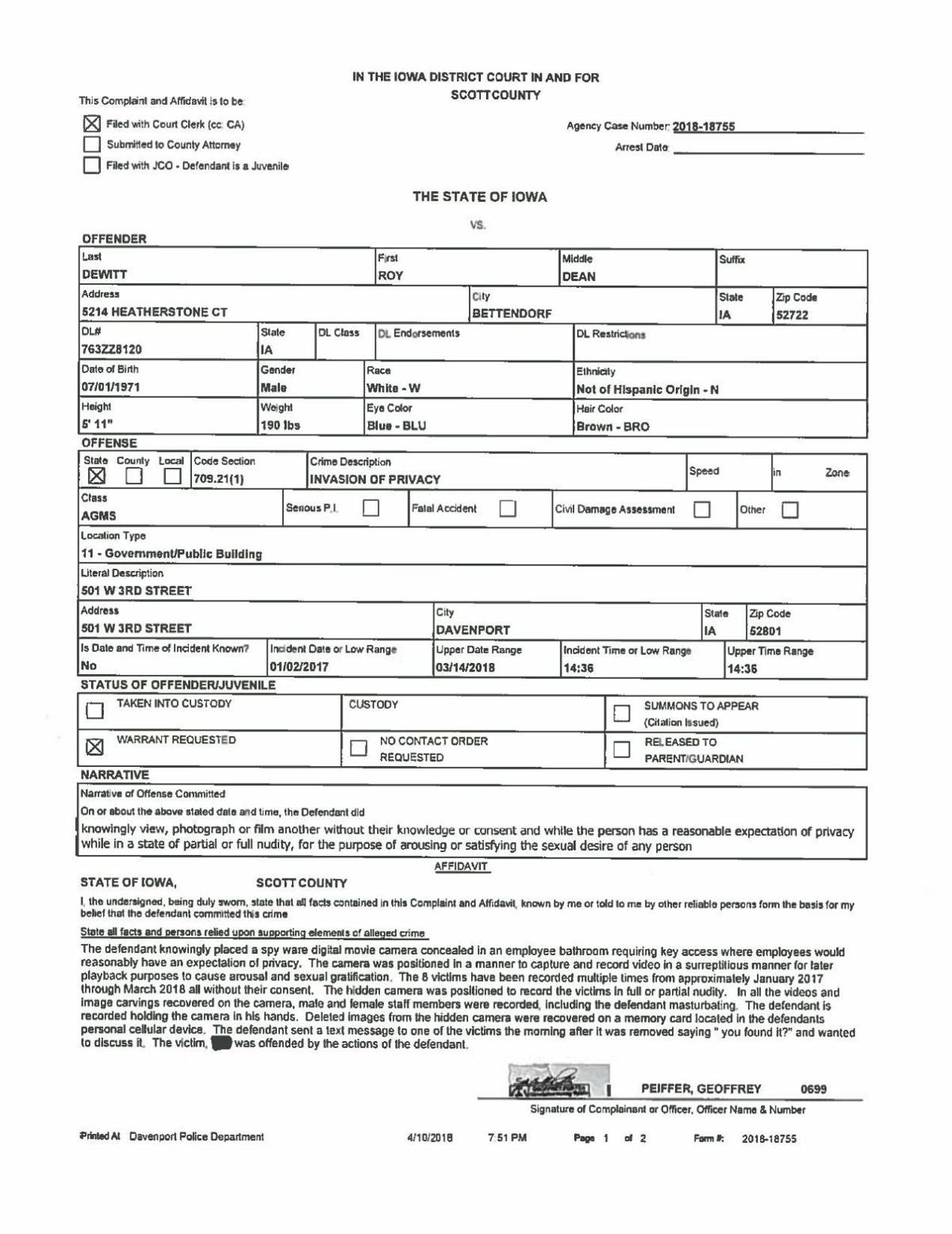 Roy DeWitt Arrest Affidavit