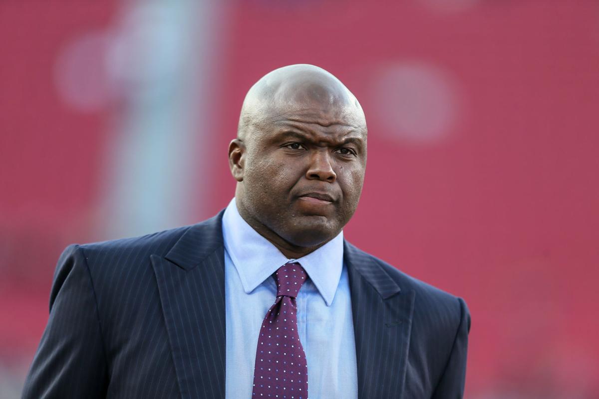 Monday Night Football commentator Booger Mcfarland before the Baltimore Ravens faced the Los Angeles Rams on Nov. 25, 2019, at the Los Angeles Memorial Coliseum in Los Angeles, Calif.