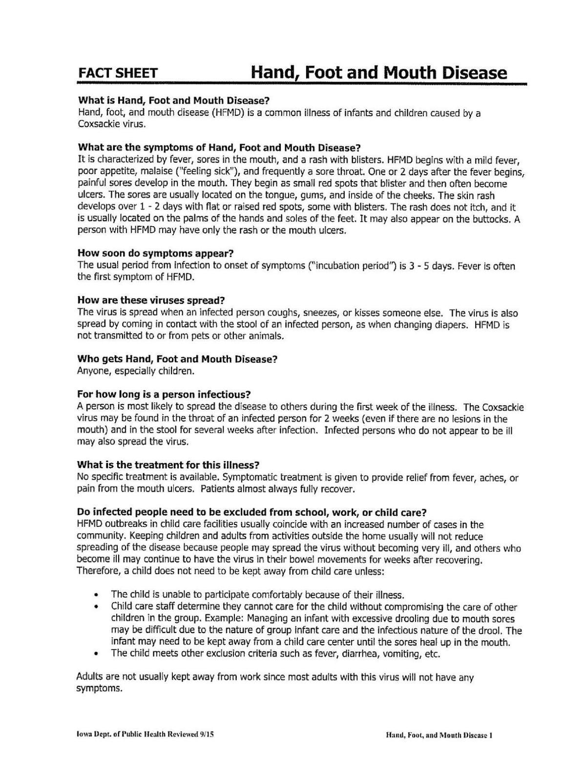 Hand Foot Mouth fact sheet