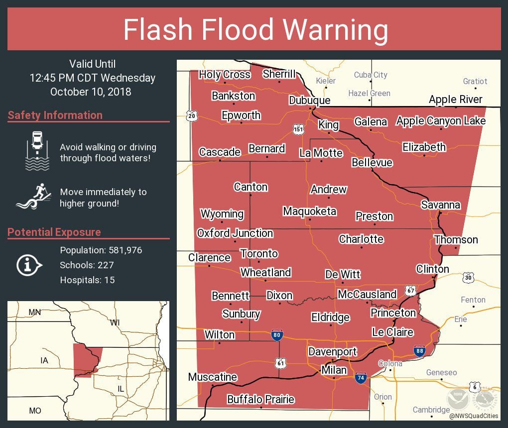 National Weather Service issues flash flood warning for parts of Quad