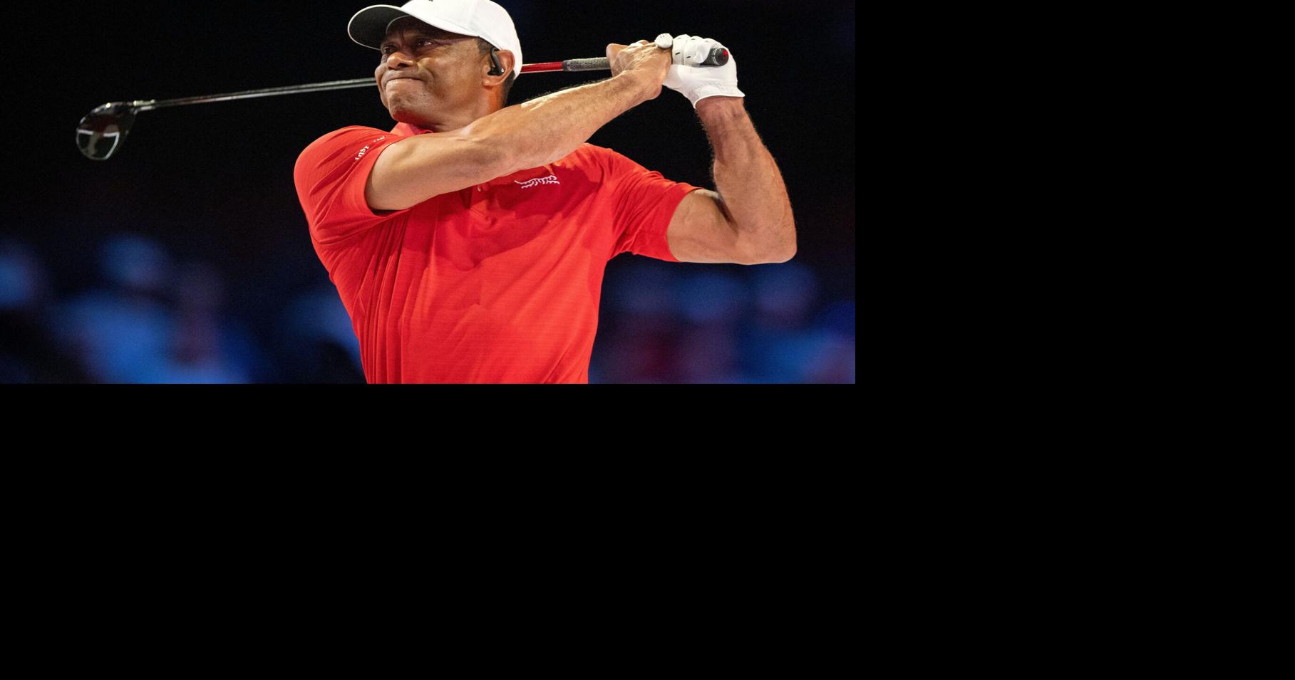 Tiger Woods of Jupiter Links GC tees off during match against Los Angeles Golf Club during the TGL finals at SoFi Center on March 24, 2026, in Palm Beach Gardens, Florida.
