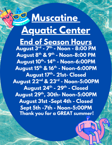 Aquatic Center end of season hours announced