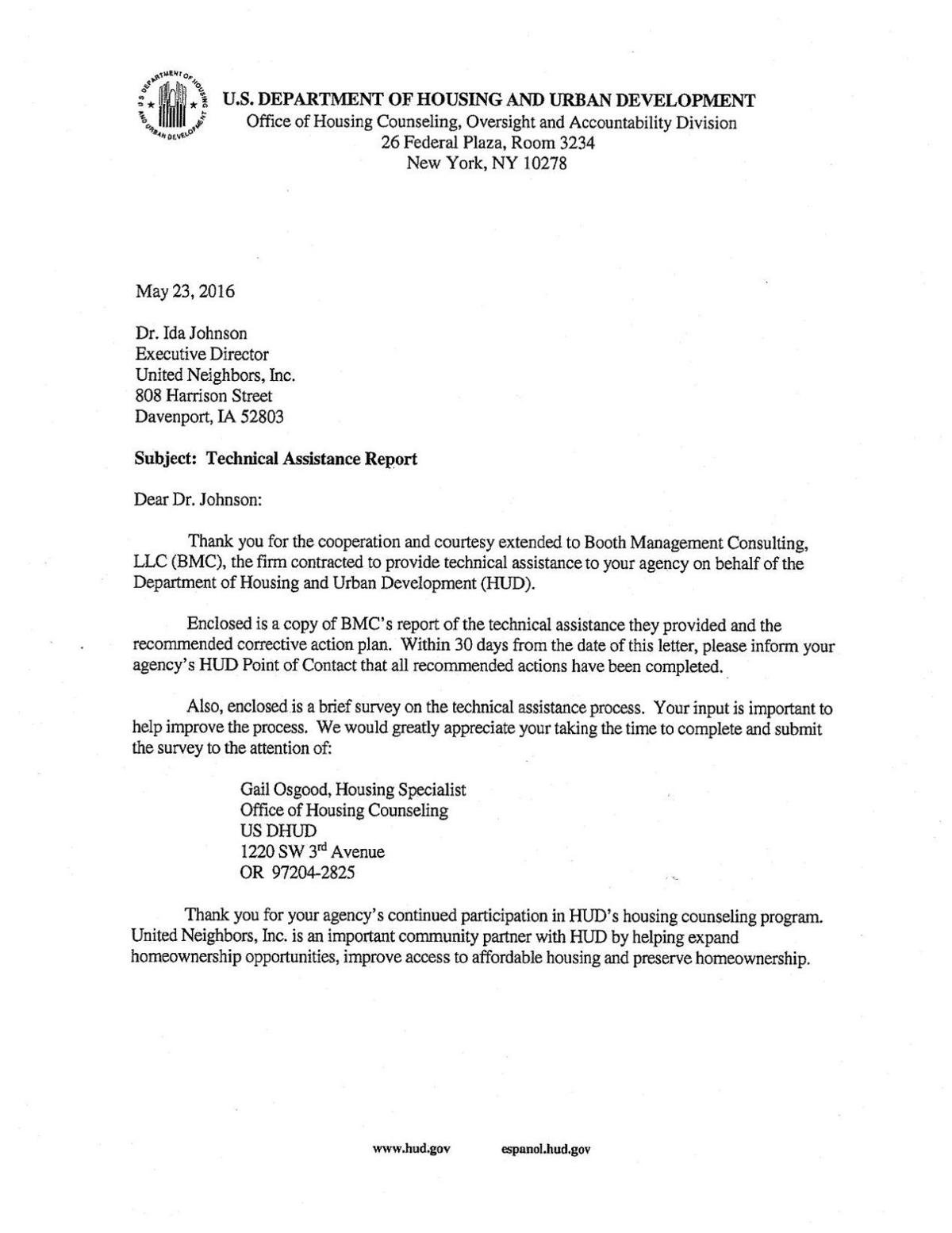 2016 Hud Letter With Corrective Action To United Neighbors