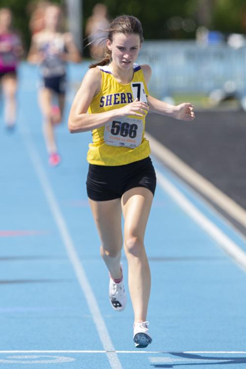 Sherrard's Mattie Kindelsperger competes in the Class 1A 3200-Meter Run during IHSA Girls State Track and Field Finals.