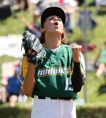 Pitcher Cooper Thissen of Davenport, Iowa, (Midwest Region)  celebrates a sixth inning strike out against Bonita, California