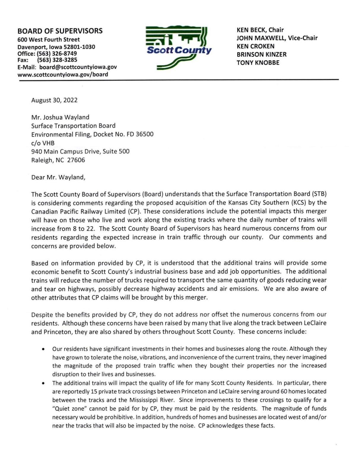 Scott County Board of Supervisors Letter Opposing Merger