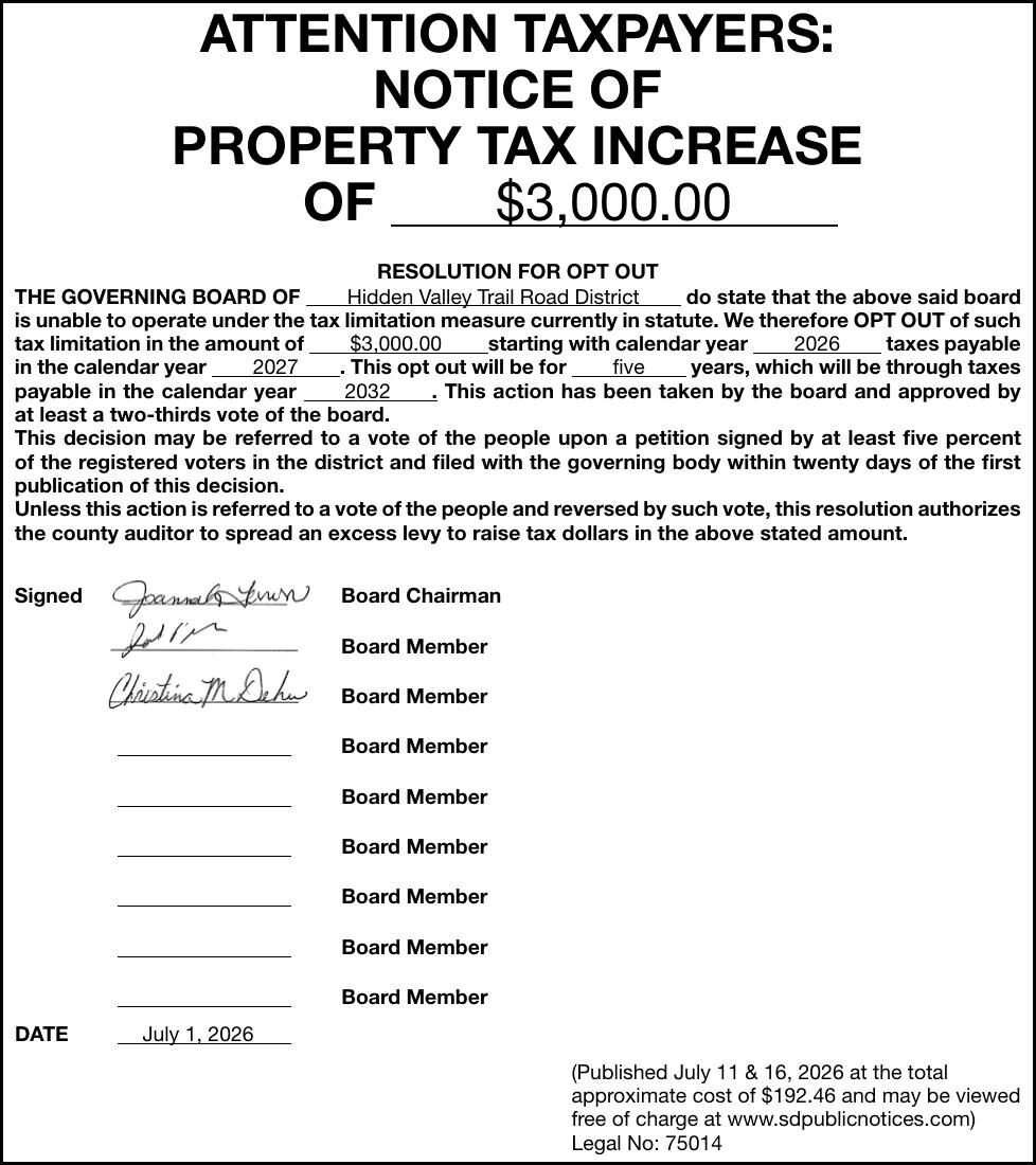 Hidden Valley Trail Road District - Ad from 2026-07-11