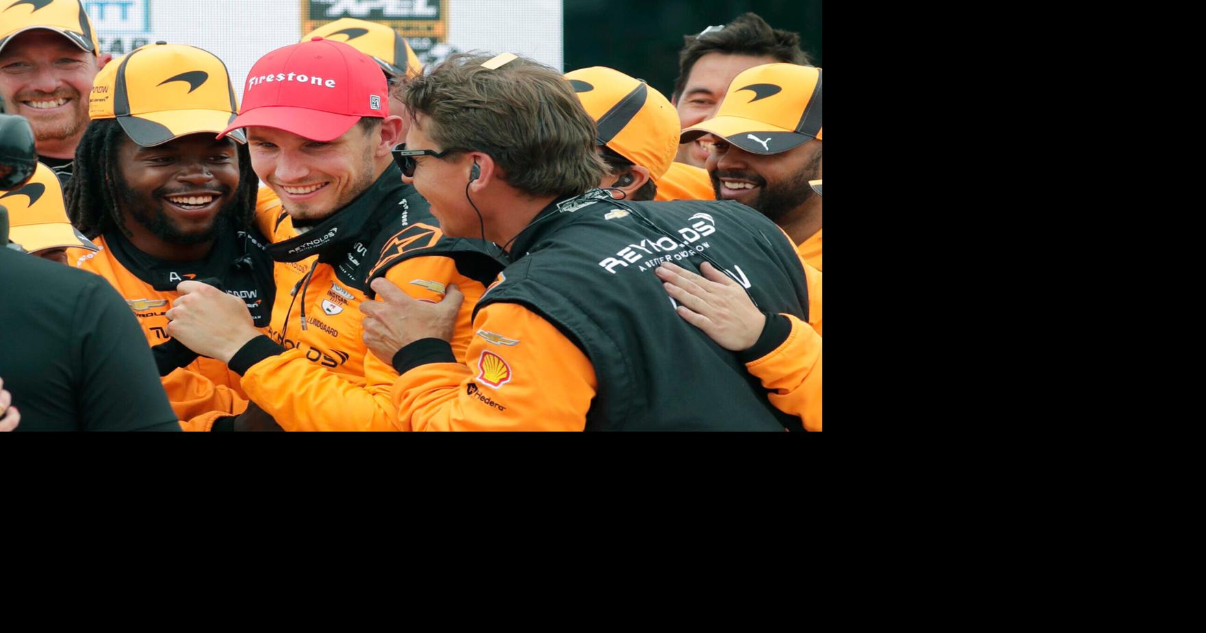 Christian Lundgaard (7),  center, celebrates his victory with his team following the XPEL Grand Prix at Road America, Sunday,