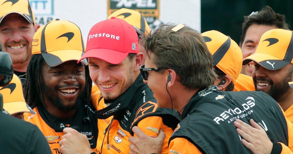 Christian Lundgaard (7), center, celebrates his victory with his team following the XPEL Grand Prix at Road America, Sunday,